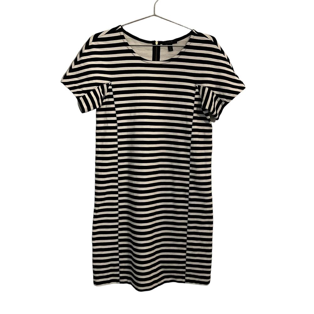 J Crew Womens Black and White Striped Short Sleeve, exposed zipper, Dress S